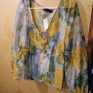 New York & Company Floral Blouse with Lace-Up Detail XL NWT!